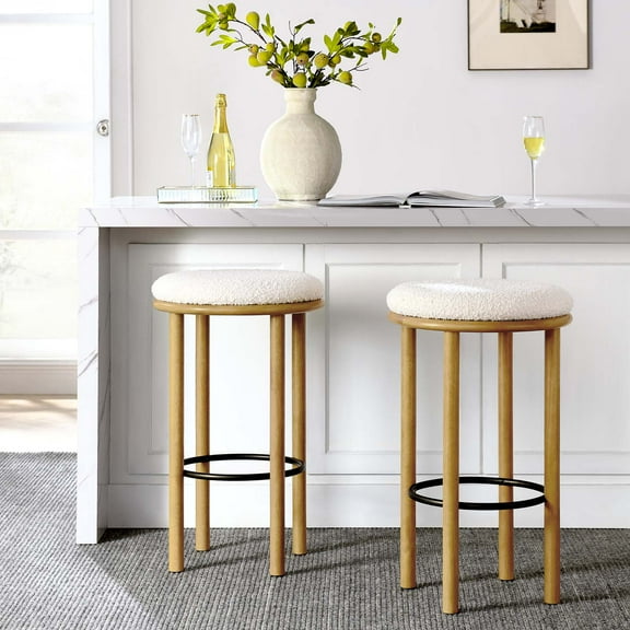 Modway Fable Boucle Fabric Bar Stools - Set of 2 in Oak Ivory