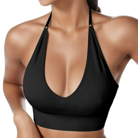 Women s Halterneck Sports Bra Backless Deep V Neck Sports Bustier Padded Gym Push up Bra Backless Adjustable Straps Bras for Women Black L