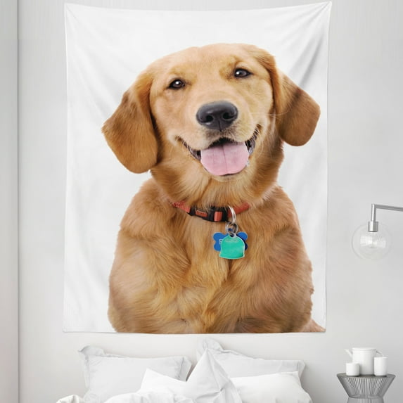 Golden Retriever Tapestry, Portrait of Young Pedigreed Dog Wearing a Collar and Tags Domestic Animal, Fabric Wall Hanging Decor for Bedroom Living Room Dorm, 5 Sizes, Multicolor, by Ambesonne