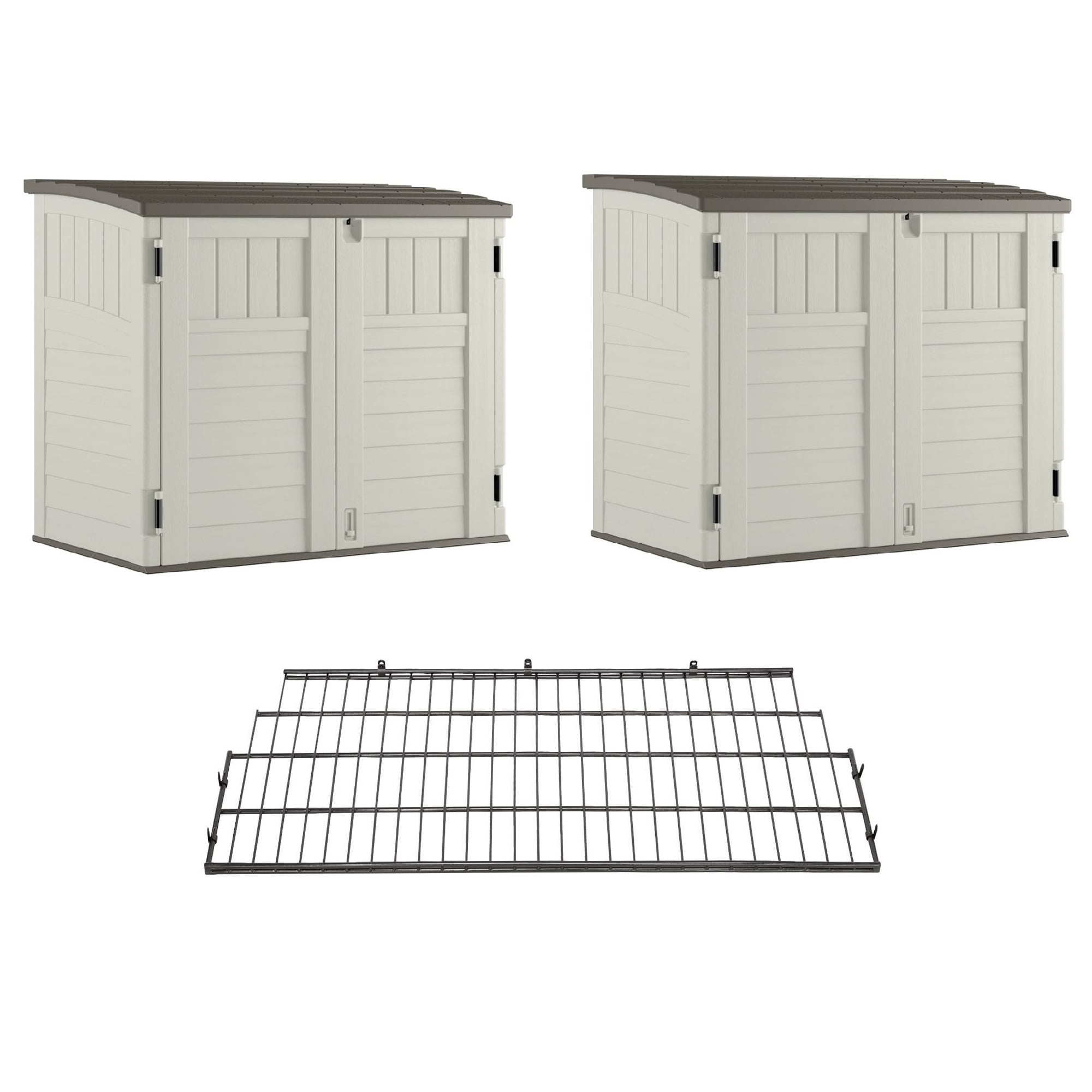 Suncast Horizontal Stow Away Storage Shed (2pack) and Vertical Metal Wire Shelf