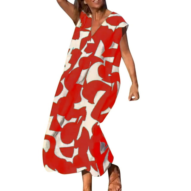 2025 Robe à Col en V pour Dames à Manches Courtes, à Lacets, Imprimée, Grande Jupe, Robe d'Été pour Femmes, Robe Maxi pour Dames, Robes d'Été Décontractées pour Femmes, Robe de Saison, Robes Chemise Maxi, Robes Longueur Genou fo