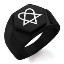 Tioneer Stainless Steel Heartagram Engraved Hexagon Crest Flat Top Biker Style Polished Ring