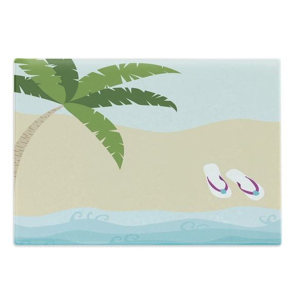 Graphic Beach Cutting Board, Summer Cartoon of Palm Tree and Flip Flops on Sandy Ocean Coast Print, Decorative Tempered Glass Cutting and Serving Board, in 3 Sizes, by Ambesonne