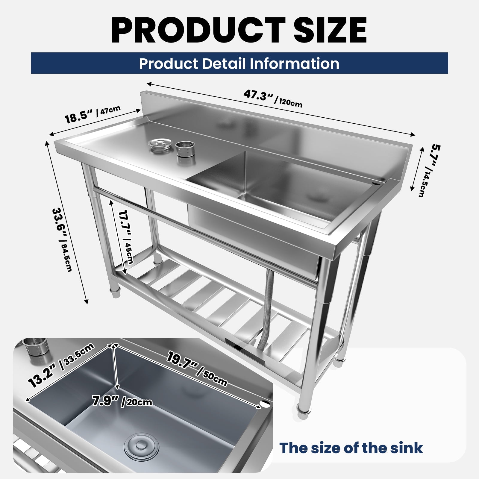 Utility Sink, Heavy Duty Commercial Kitchen Sink, Freestanding Laundry Tub, Outdoor Freestanding Kitchen Sink with Cold & Hot Water Faucet for Catering, Courtyard