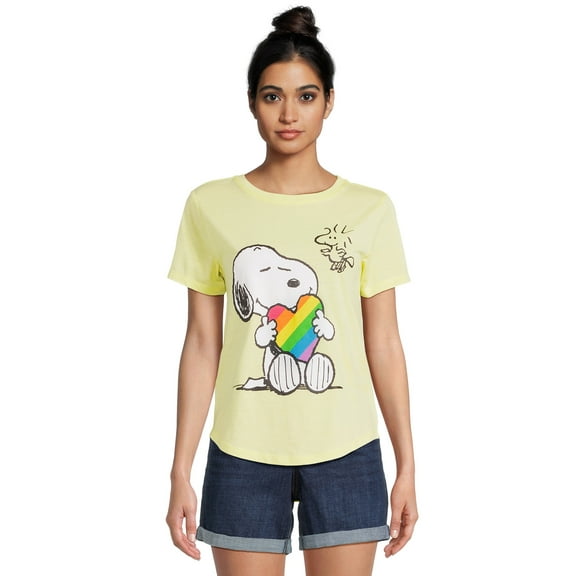 Snoopy Juniors’ Rainbow Graphic Tee with Short Sleeves, Sizes XS-3XL