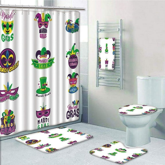 PRTAU Mardi Gras Set of Carnival Masks Hats Fleur De Lis Symbols Colorful Joyous Collection 5 Piece Bathroom Set Shower Curtain Bath Towel Bath Rug Contour Mat and Toilet Lid Cover