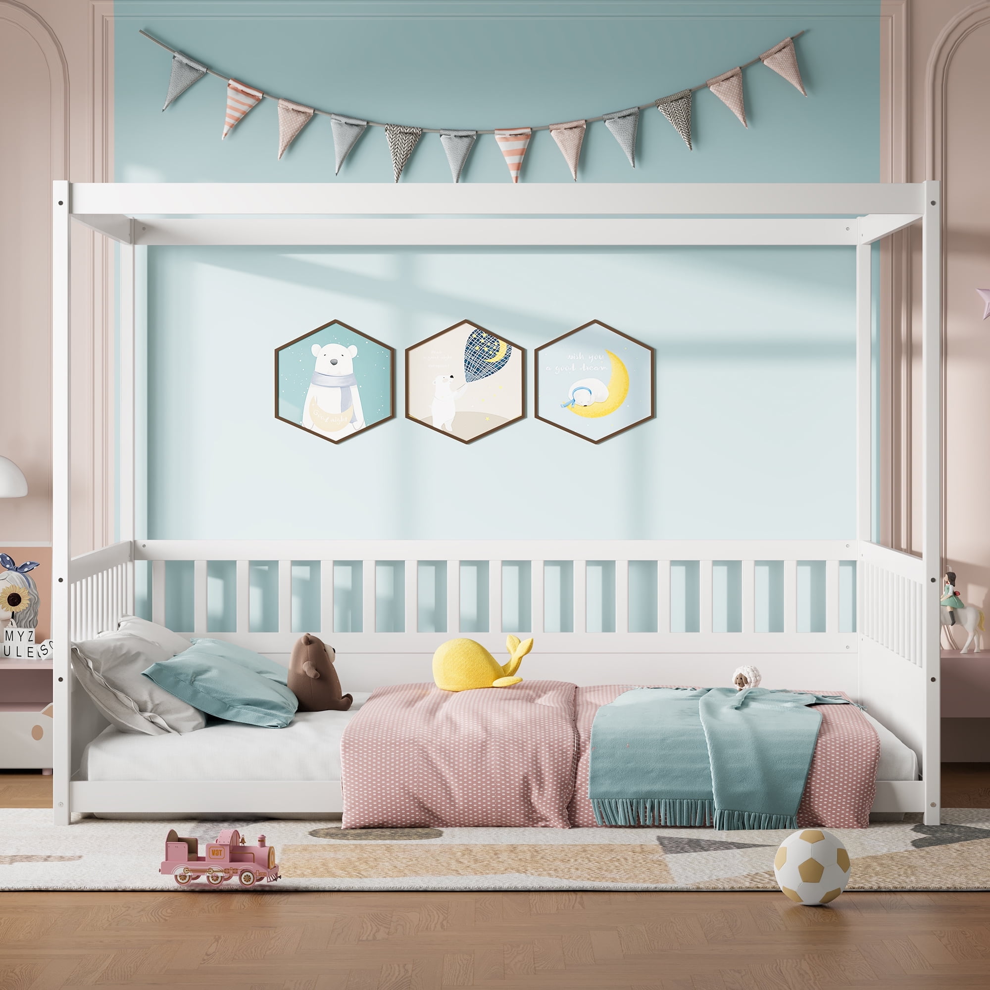 Bellemave Full Size Canopy Bed Frame with High Fence Guardrails Montessori Floor Bed Frame with Four Poster Design Wooden Canopy Bed (Full, White)