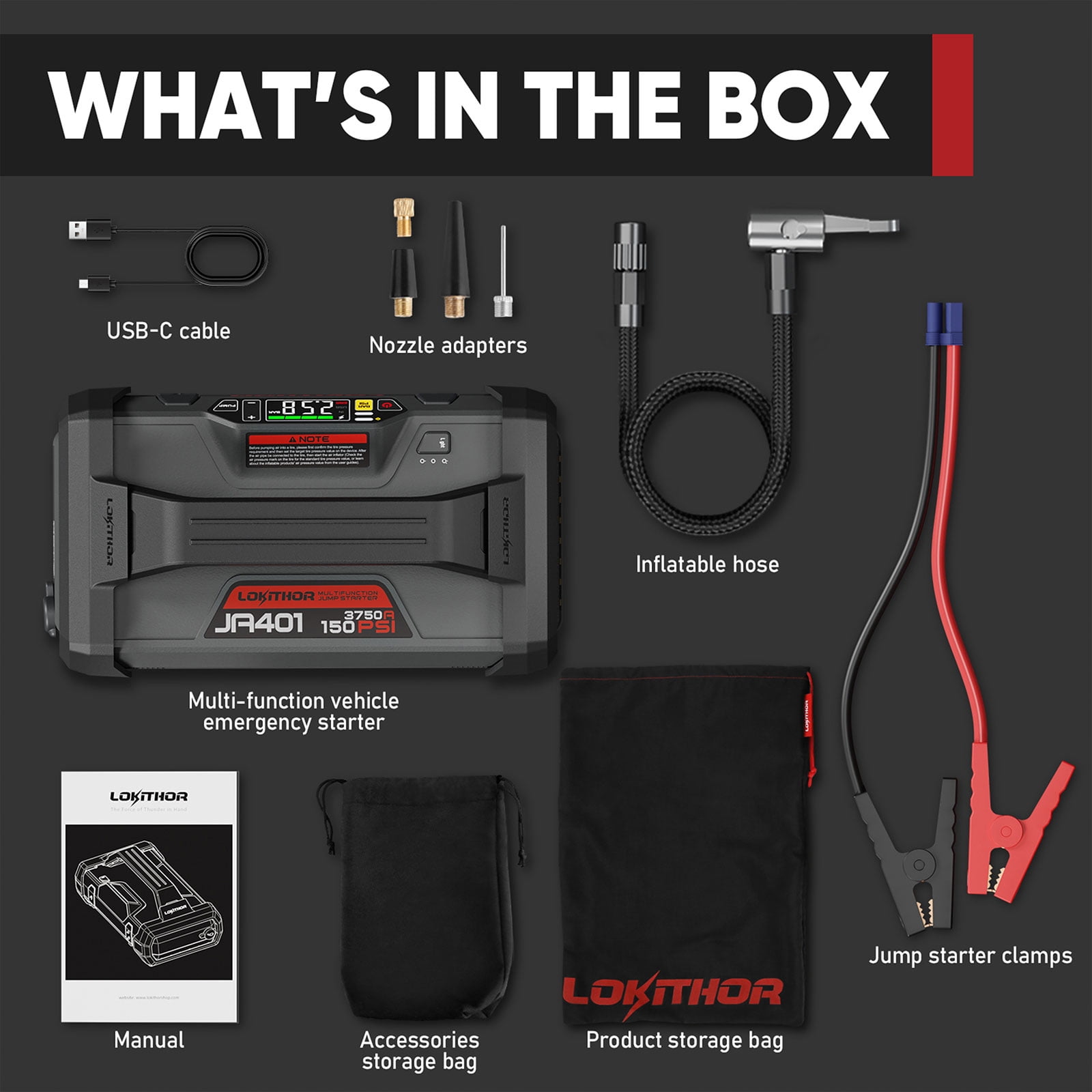 LOKITHOR JA401 Jump Starter with Air Compressor, 3750Amp 12V Portable Car Battery Starter（10.0L Gas and 8.0L Diesel）Engines, 150PSI Digital Tire Inflator