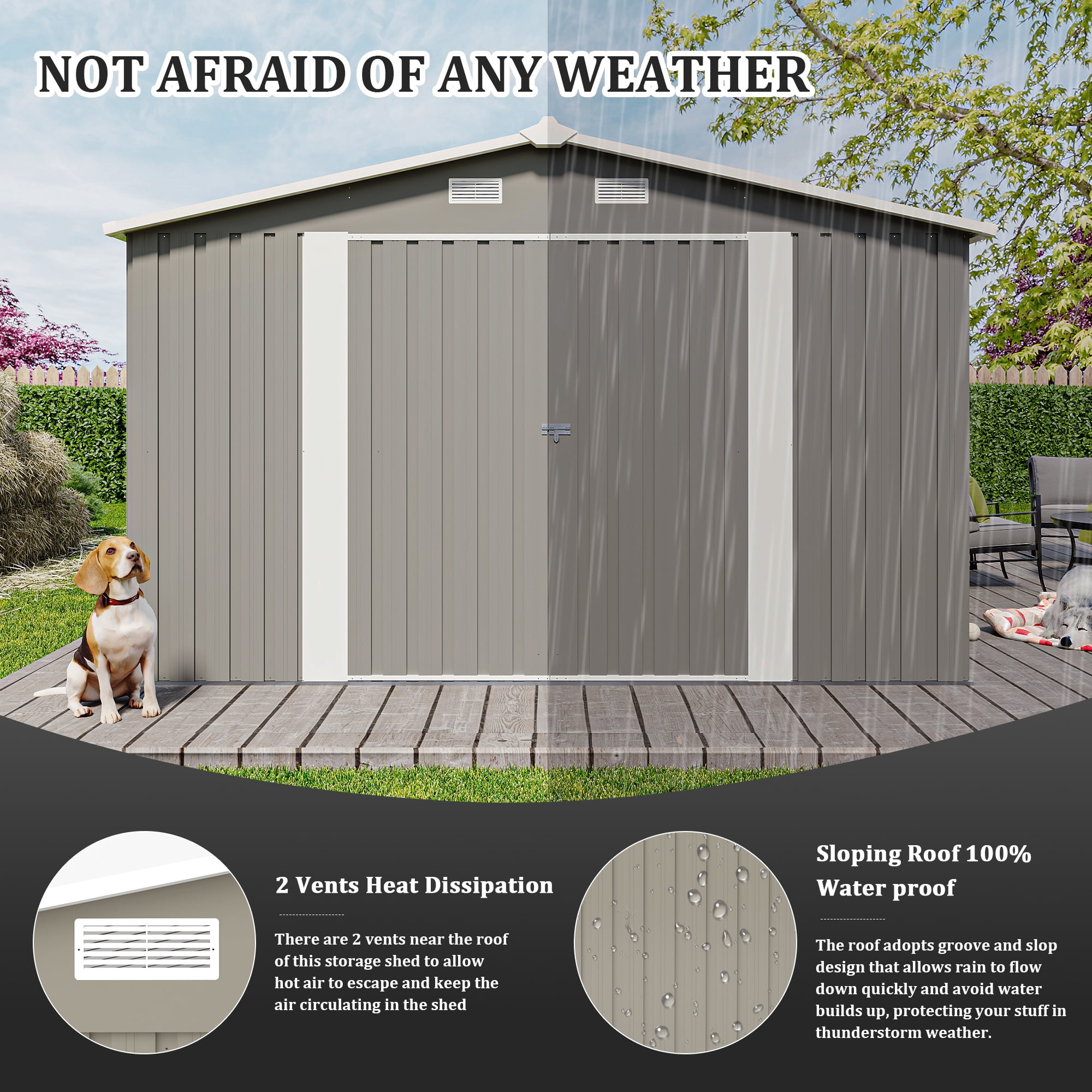 10 x 14 FT Outdoor Storage Shed, Large Metal Storage Sheds with 3 Lockable Door and 4 Air Vent, Surface Protective Film, Garden Tool Shed for Bicycles, Tools, Lawnmowers, Backyards, Patios, Lawns