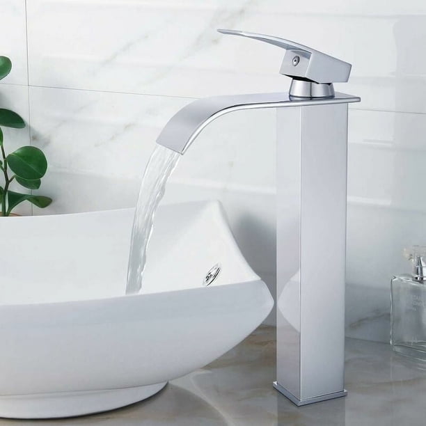 Elegante mejora de baño, grifo de lavabo alto con revestimiento de cromo pulido, diseño de caño en cascada que garantiza una experiencia de agua lujosa y eficiente, ideal para baños modernos