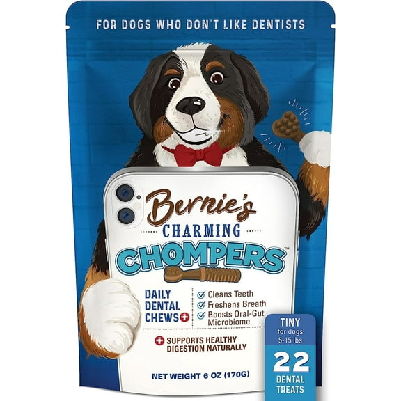 Bernie's Charming Chompers - Daily Dental Chews for Dogs 5-15 Lbs. - 22 Count - Cleans Teeth, Freshens Breath,   Boosts Oral-Gut Microbiome. Easy to Digest, Supports Healthy Digestion Naturally