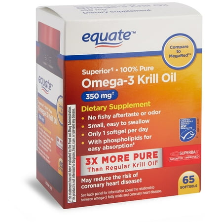 - Equate Superior Omega-3 Krill Oil Softgels, 350 Mg, 65 Count