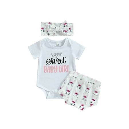 

Qtinghua 3Pcs Infant Baby Girls Easter Outfits Letter Print Short Sleeve Romper Tops Shorts Headband Clothes White 6-12 Months
