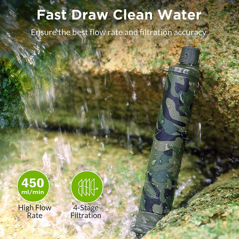 WakiWaki Personal Water Filter Straw, Portable Water Purifier Survival Gear for Hiking Camping Travel, Camo, Green