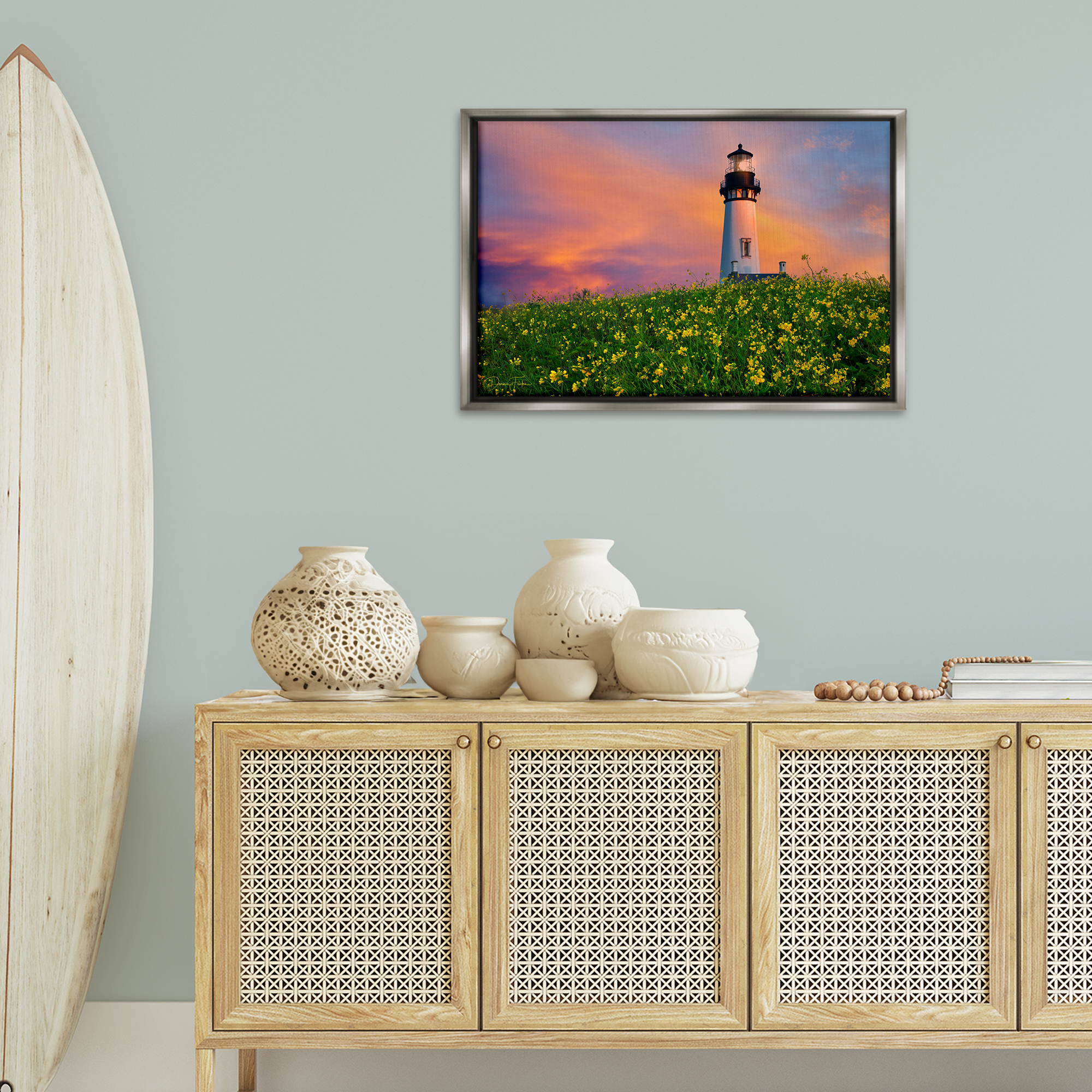 Stupell Industries Lighthouse & Floral Meadow Coastal Photography Gray Floater Framed Canvas Art Print Wall Art, 31 x 21