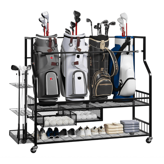 Huisuilinss Golf Bag Storage Garage Organizer,Golf Bag Stand,Golf Bag Storage Rack With Wheels For Golf Bag,Golf Clubs,Golf Balls,Golf Equipment Accessories,Golf Storage Rack For Club Shed Basement