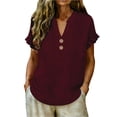 thumbnail image 2 of Hurxie Womens Puff Short Sleeve Sweater Tops Ruffle Henley Neck Spring Summer Pullover Dressy Casual Knit Shirts Red,2XL, 2 of 7