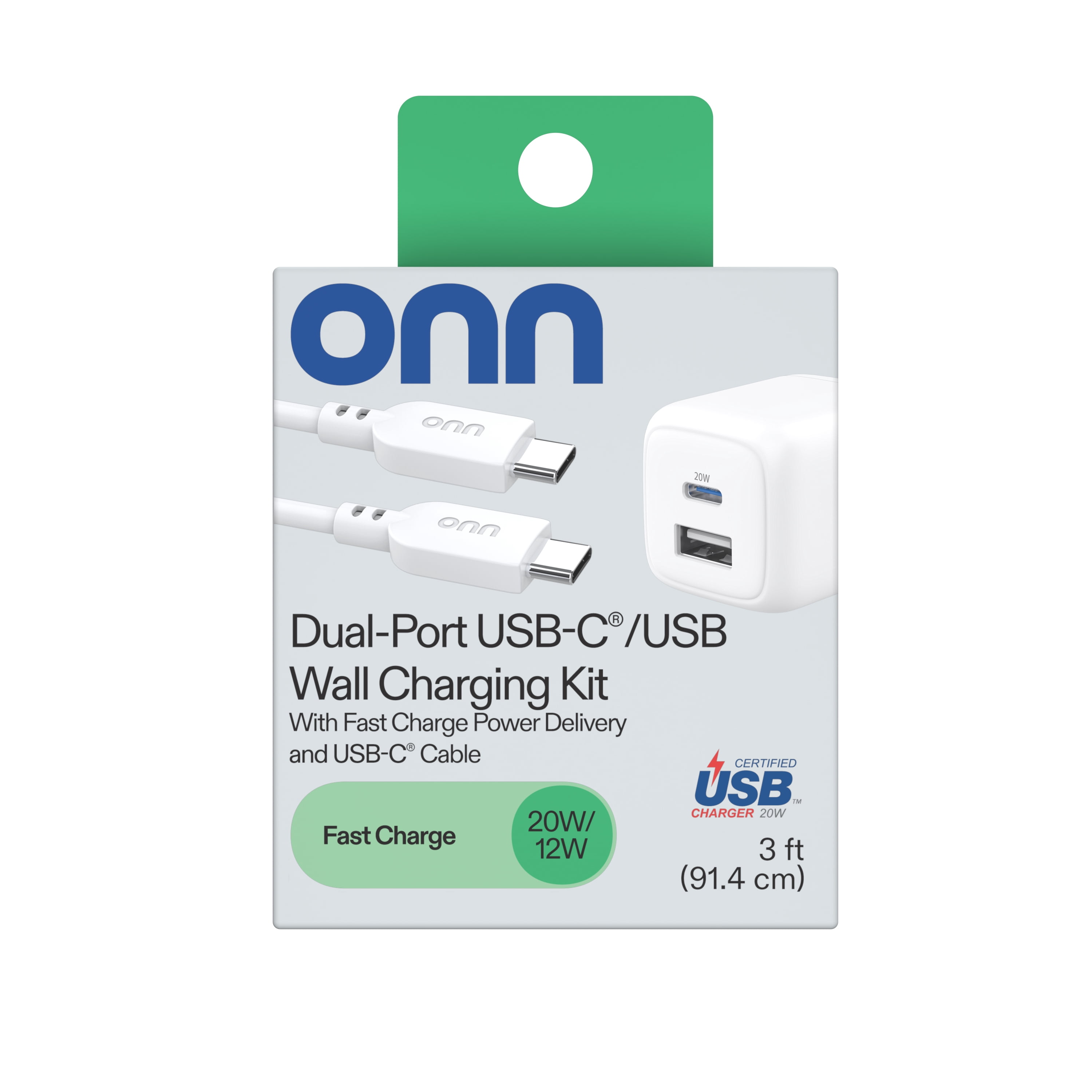 (2 pack) onn 32W Dual USB-C and USB-A Port Wall Charger with 3ft C-C Cable, Fast Charging, USB-IF Certified, Foldable Plug, White - Compatible with iPhone 17/16/15 Series, Galaxy, Pixel, iPad Pro, & More