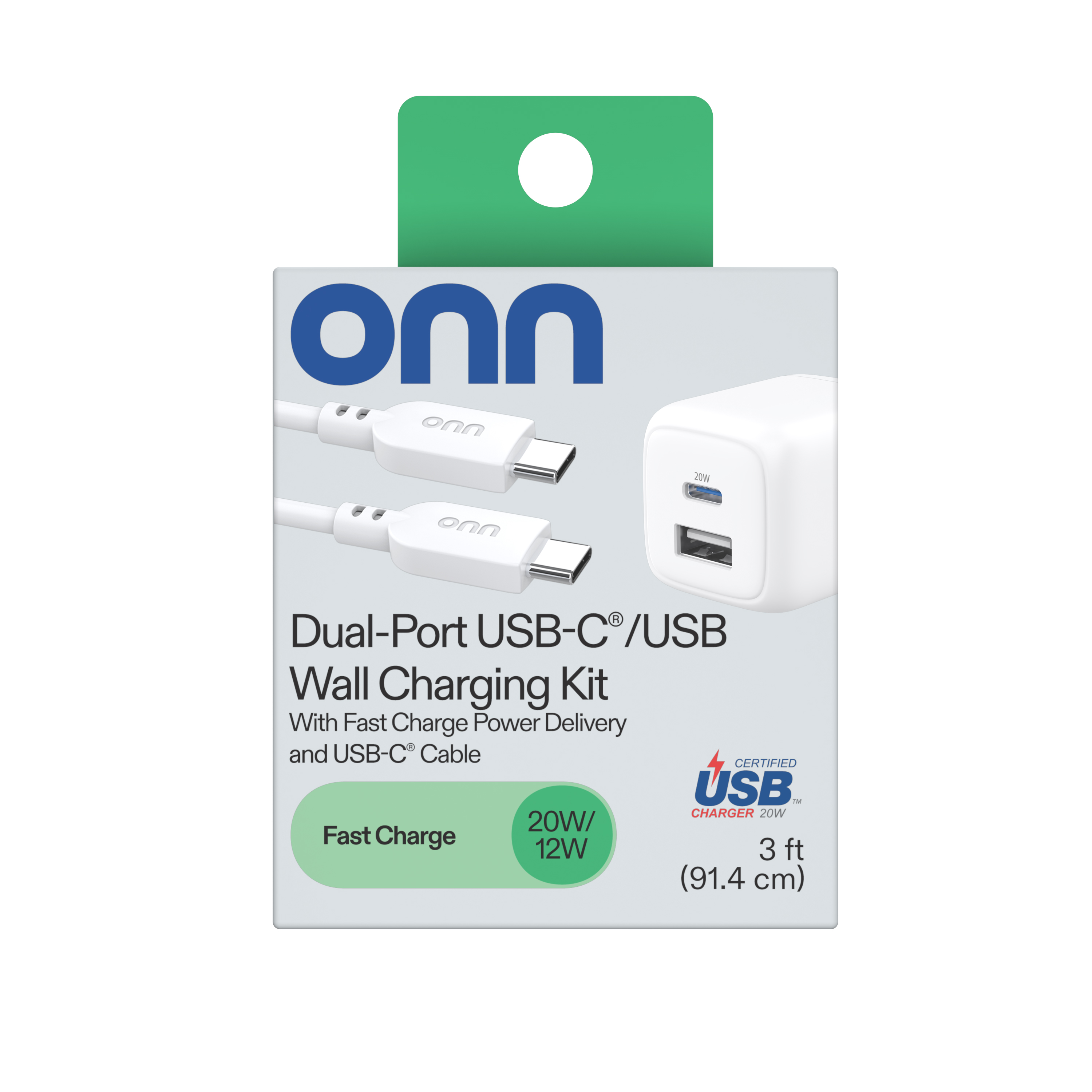 Cargador de pared onn de 32W con puertos USB-C y USB-A, cable C-C de 3 pies, carga rápida, certificado USB-IF, enchufe plegable, blanco, compatible con iPhone 17/16/15, Galaxy, Pixel, iPad Pro y más 5