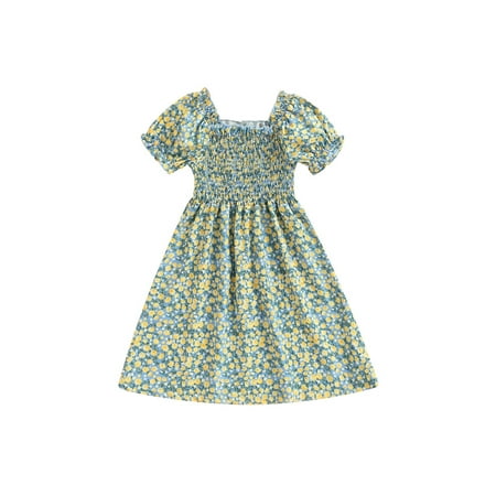 

Sunisery Toddler Girls Sweet Dress Short Sleeve Ruched High Waist Flared Hem Floral Print Dresses