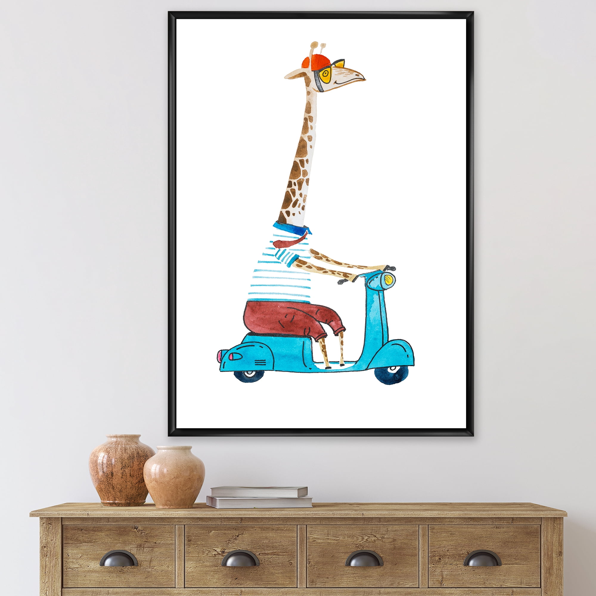 Designart 'Giraffe Dressed Up Wearing Helmet & Riding Blue Scooter' Children's Art Framed Canvas Wall Art Print