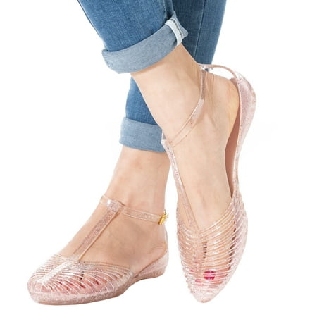 

Women s Beach Jelly Sandals 80S 90S T-Strap Slingback Flat Clear Summer Rain Shoes