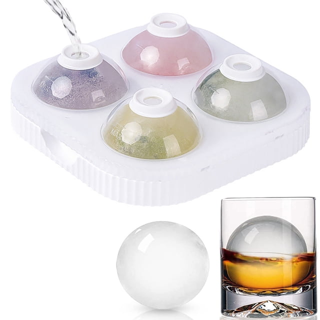 Ice Ball Maker Mold Round Sphere Ice Cube Tray Silicone Bottom With Lid Easy Fill And Release Large Round Ice Cube Mold For Cocktails Whiskey Ice Ball Mold 2.56 Inch 4 Ice Balls