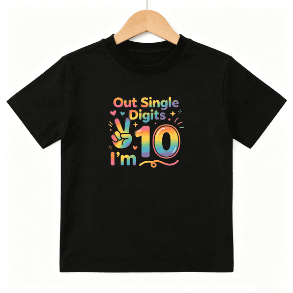 10th Birthday Girls Graphic Tee, Rainbow Double Digits Peace 100% Cotton Kids Short Sleeve T-Shirt