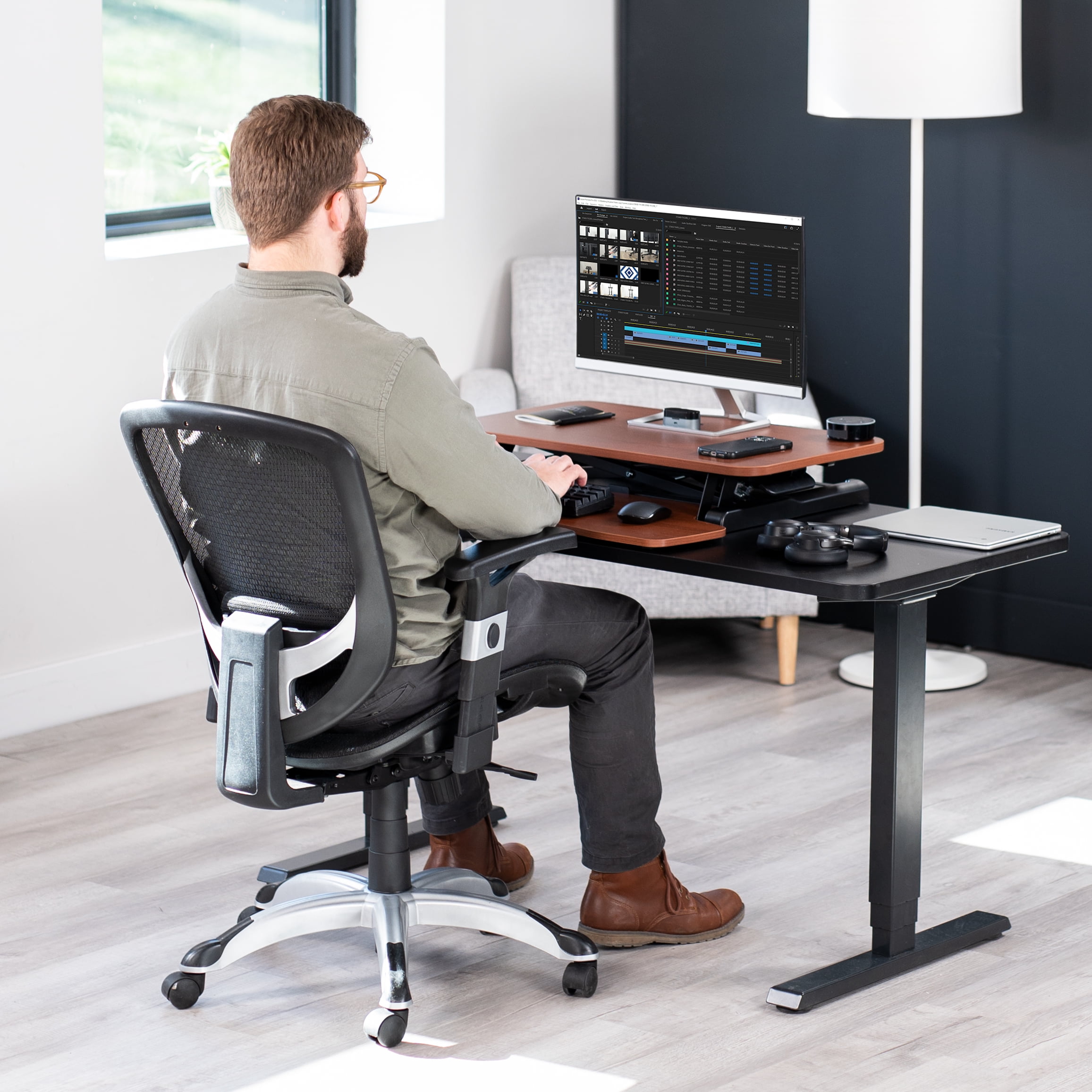 VIVO Dark Walnut Height Adjustable 28" Standing Desk Monitor Riser, Black Frame