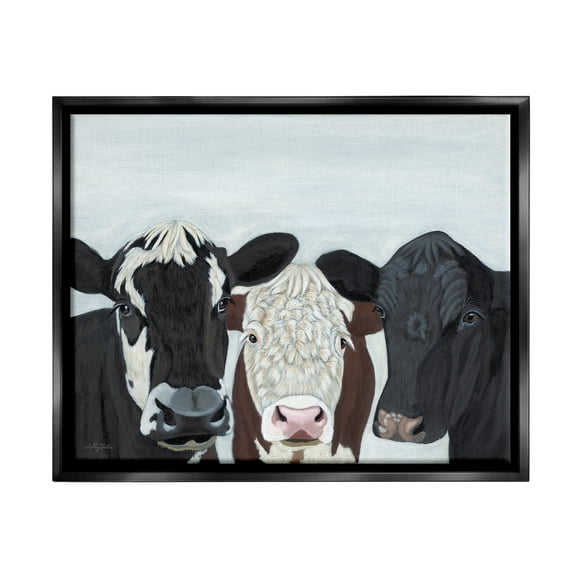 Stupell Three Cows Fun Farmhouse Portrait Animals & Insects Painting Black Floater Framed Art Print Wall Art