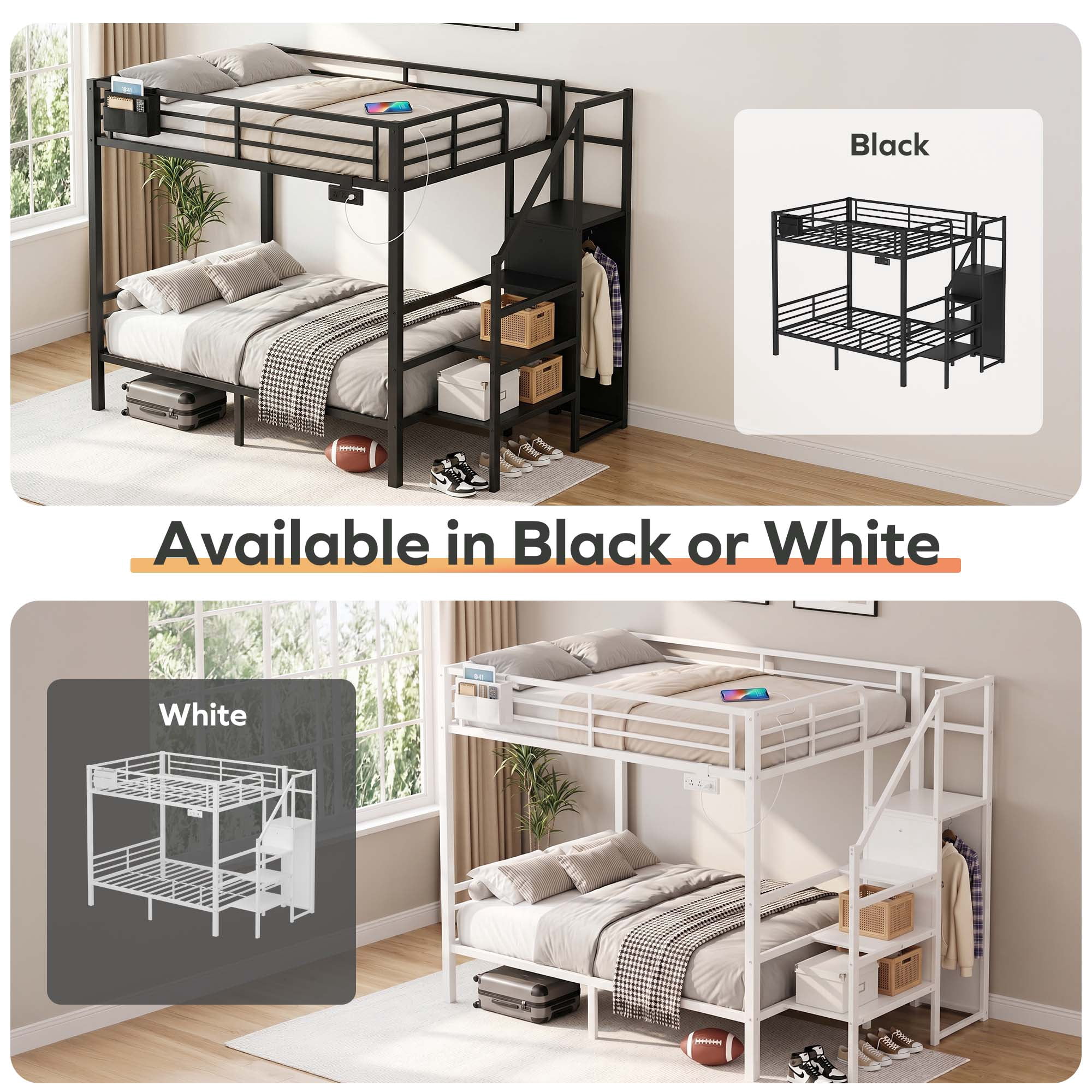 Miniyam Full Over Full Bunk Bed with Stairs, Storage and Charging Station, Metal Frame, Black