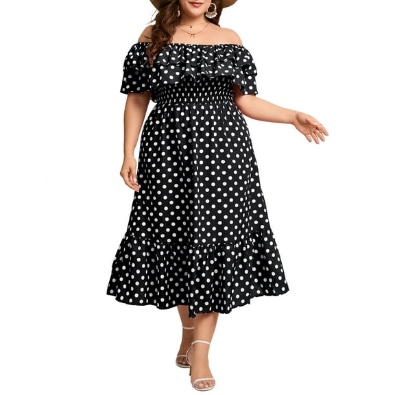 Yesfashion Women Plus Size Off Shoulder Maxi Dress Ruffle Flowy Casual Summer Boho Long Dresses