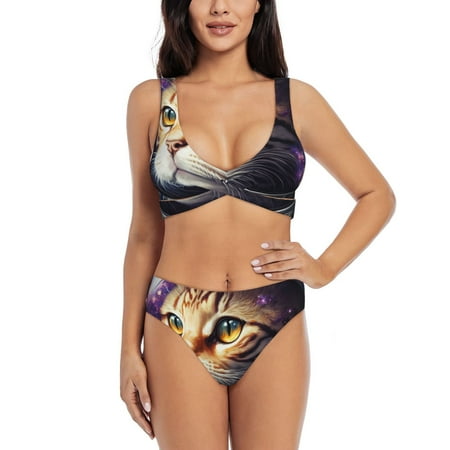 Zeuib Astronaut Cat High Waisted Tummy Control Bikini Set - Knot Front Push Up Top & Cheeky Thong Bottom  Two-Piece Swimsuit for Women-XX-Large