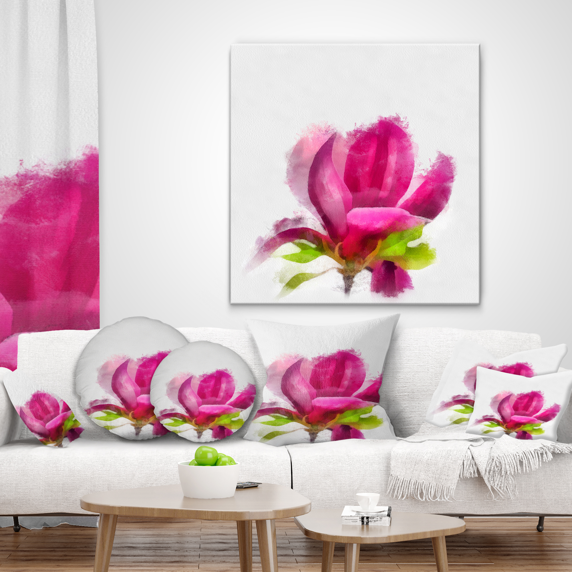 Designart Full Bloom Pink Magnolia Flower - Floral Throw Pillow - 16x16