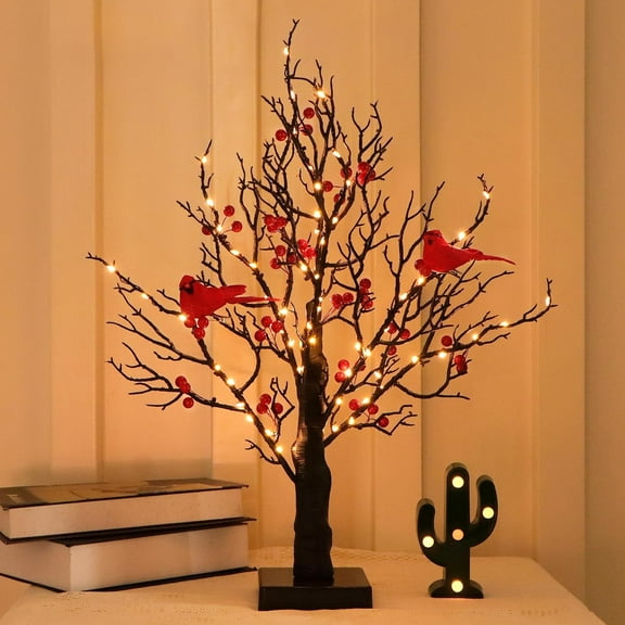 Vintage Glowing Tree with Redbird, Trees with Redbird，Little Red Bird Trees Light, Christmas Tree with Berries for Tabletop Centerpiece Christmas Decorations Holiday Party