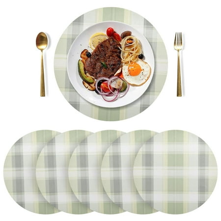 

Round Placemats Plate Mats 15 Inch Non-Slip Heat Resistant Washable PVC Set Table Decoration for Kitchen Dining Light Gray and Green Plaid