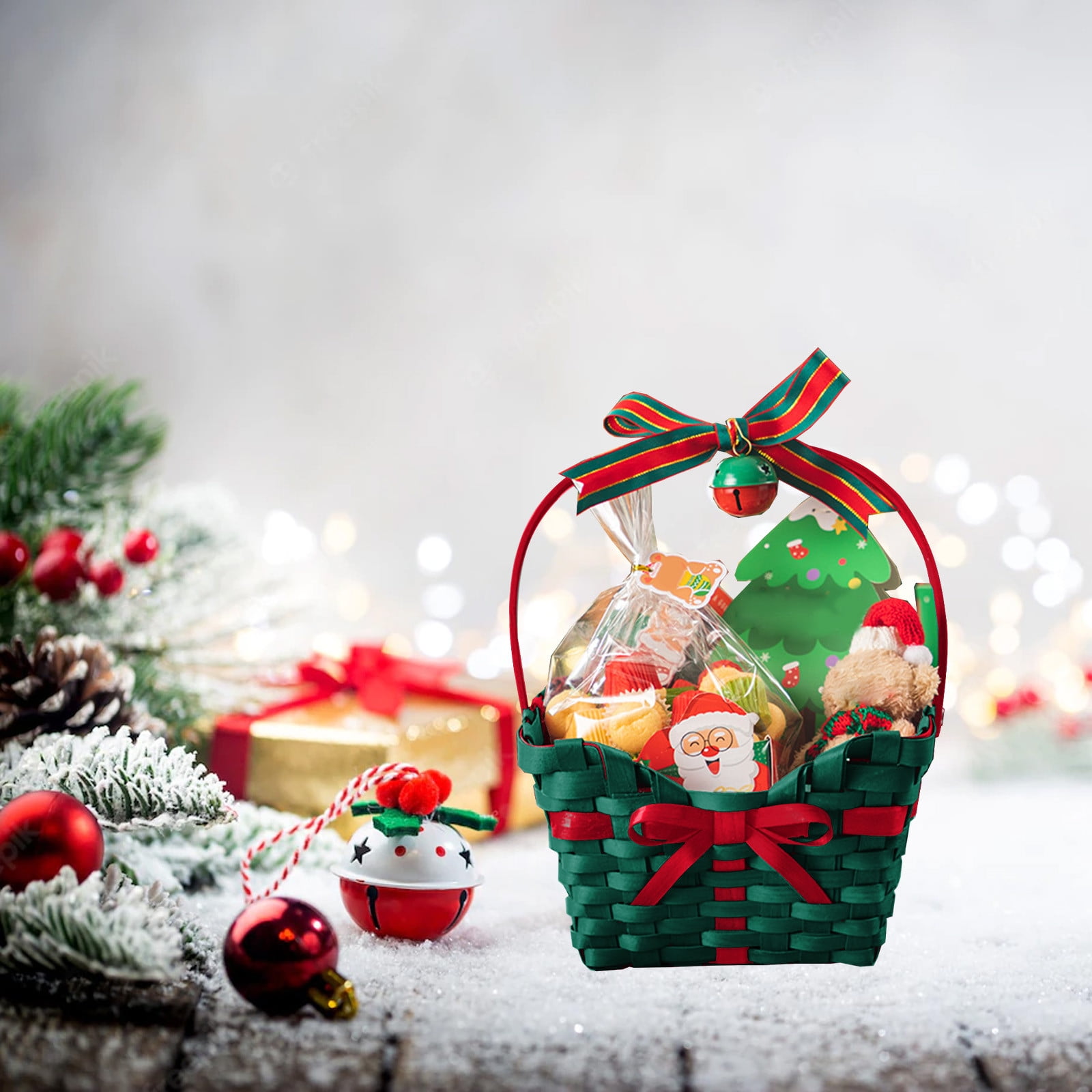 Christmas Basketeers Chocolate Gift Basket Snack Gifts Basket, Exquisite Hand-Woven Basket with Bow Ribbon and Bells, for Home Christmas Decorations Gift