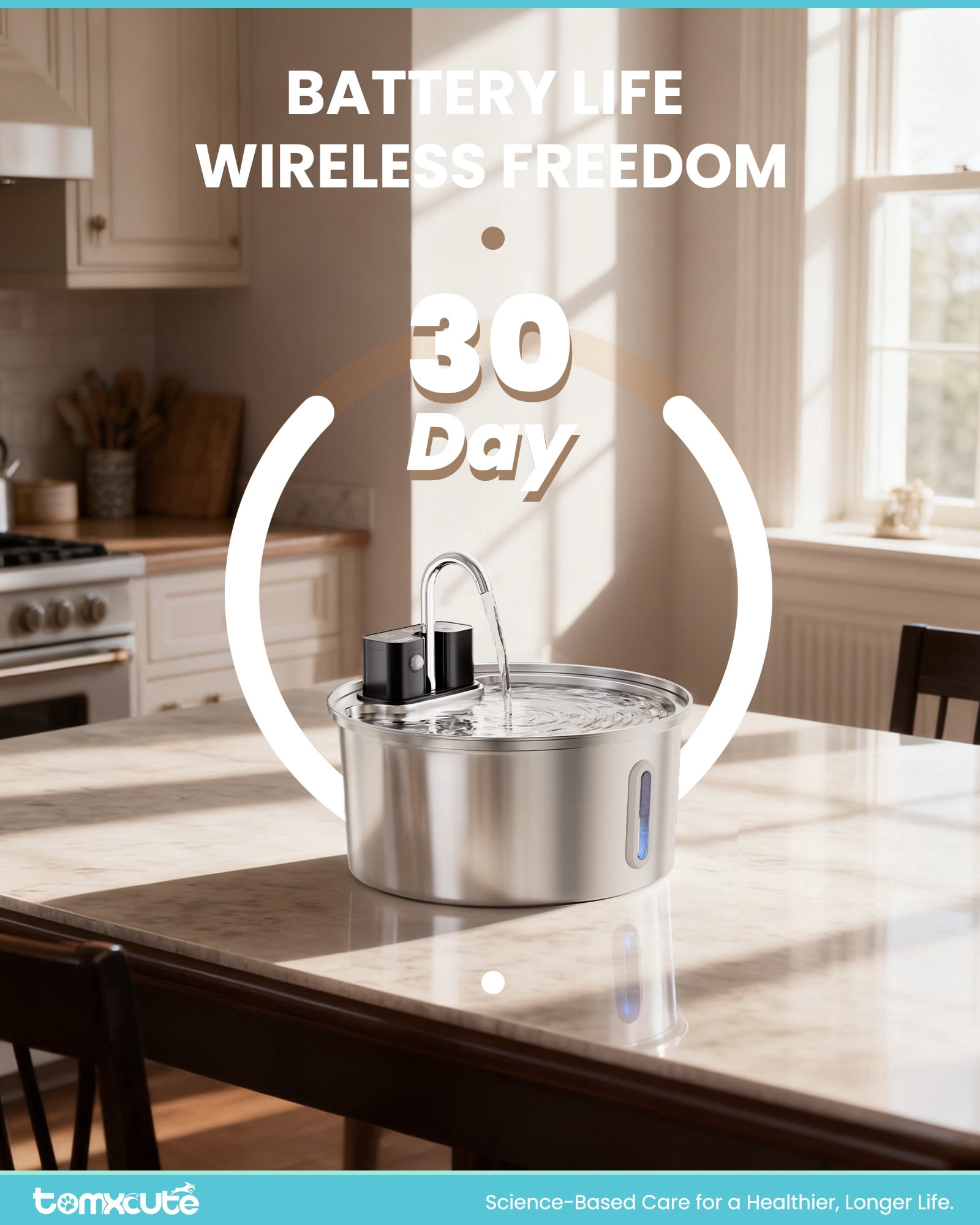 FWMB Wireless Cat Water Fountain Stainless Steel - 108oz/3.2L Automatic Cat Fountain Cordless, Battery Operated Pet Fountain with 3 Modes,  Rechargeable Water Dispenser for Cats, Dogs, Multiple Pets