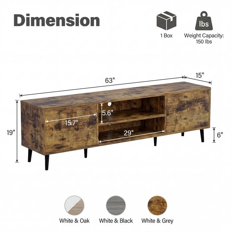 Vineego TV Stand for 70 Inch TV with 2 Push-to-Open Doors, Mid-Century Modern Media Console with Open Shelves, Entertainment Center for Living Room Bedroom, Brown