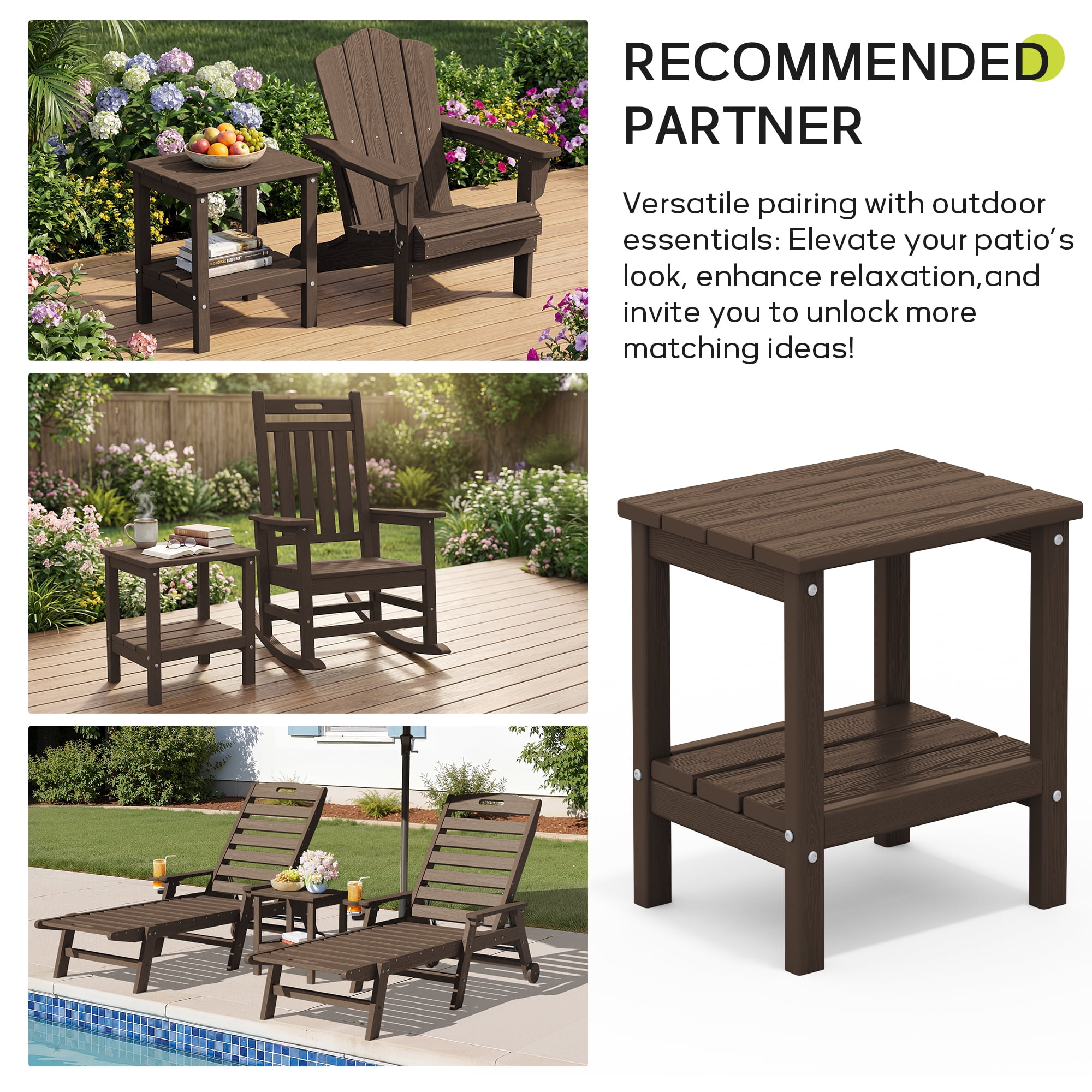 FUNDAZE HDPE 2-Layer End Table for Living Room, Outdoor Side Table, Patio Small End Table, Coffee