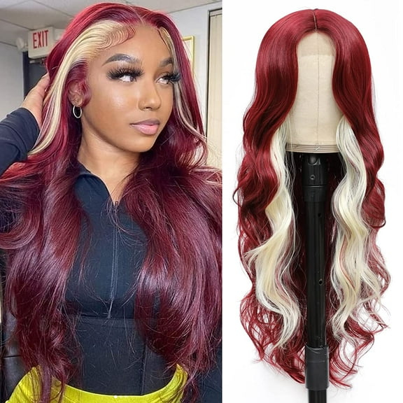 26" Skunk Stripe Body Wave Long Wavy Synthetic Hair Wig for Women Middle Part Wig Highlight Synthetic Wig Natural Looking Realistic Wig ( Mixed Red)