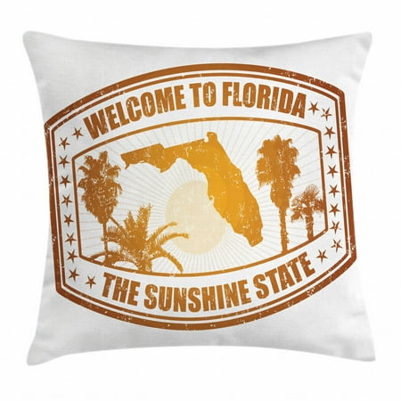 Florida Throw Pillow Cushion Cover, The Sunshine State of America City Map Trees and Stars Travel Stamp, Decorative Square Accent Pillow Case, 16 X 16 Inches, Orange Ginger and White, by