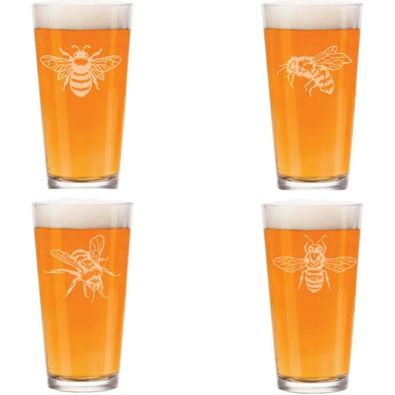 16 oz Beer Pint Glass Gift Set Of 4 Honey Bee Collection