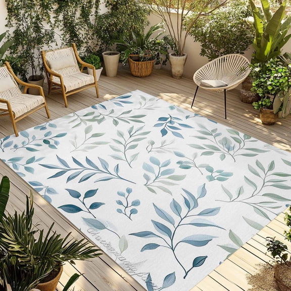 Fsddascl Blue Teal Botanical Outdoor Rug for Patio/Deck/Porch, Non-Slip Large Area Rug 4 x 6 Ft, Spring Summer Leaves Watercolor Indoor Outdoor Rugs Washable Area Rugs, Reversible Camping Rug Carpet