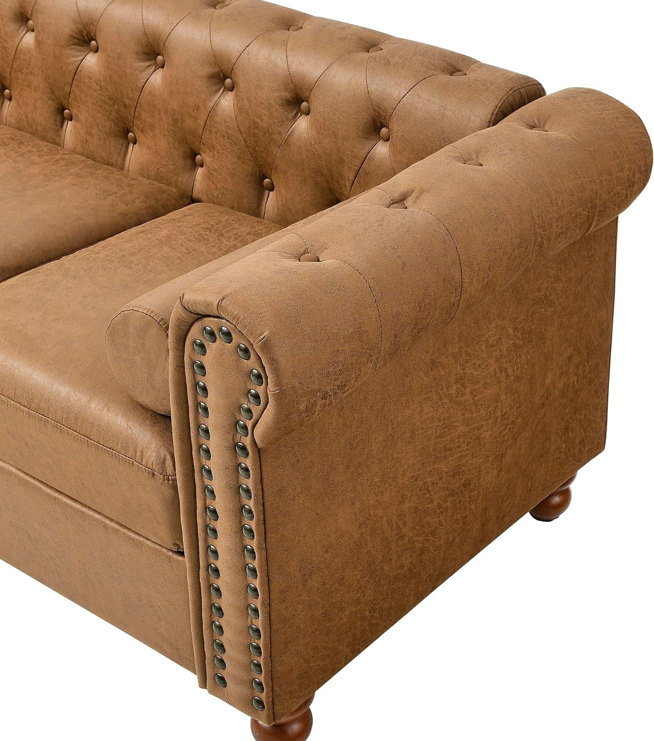 Luxurious Air Leather Chesterfield Sofa, 3-Seater with Rolled Arms, Tufted Design, Nailhead Accents, and Neck Roll Pillows for Cozy Living Spaces