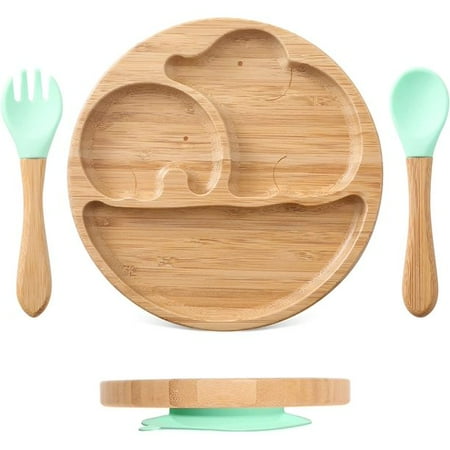 

Suction Plates for Baby & Toddler Bamboo Divided Platter Feeding Dishes with Silicone Fork& Spoon All-Natural Baby Food Plate Stays for Baby-Led Weaning Non-Slip Design