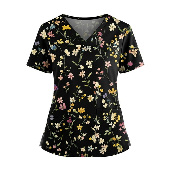 Scrubs For Women, Plus Size Floral Print V Neck Scrub Top With Side Slit Pockets-Stretchy Nurse Scrubs Women Tops, Casual Work Uniform Short Sleeve Shirt Scrubs Tops Scrubs (M, Black) ZMTing