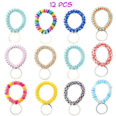 12 PCs Pack Spiral Coil Telephone Wire Cord Stretch Spring Bracelet Key Ring/Key Chain/Key Hook/Key Holder for Gym, Pool, ID Badge and Outdoor Sports - Great Party Favors, Stocking Stuffers (Printed)