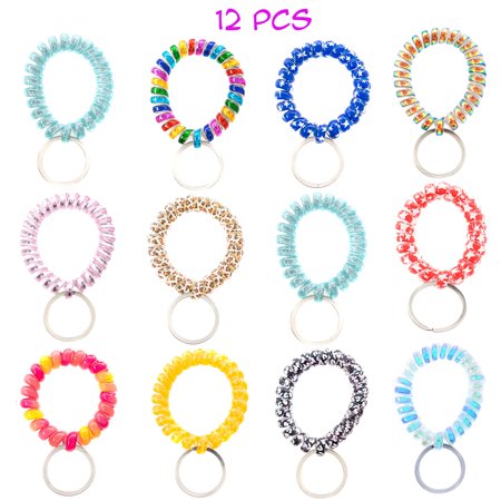 Hook Key Holder Horse 12 PCs Pack Spiral Coil Telephone Wire Cord Stretch Spring Bracelet Key Ring/Key Chain/Key Hook/Key Holder for Gym, Pool, ID Badge and Outdoor Sports - Great Party Favors, Stocking Stuffers (Printed) ()