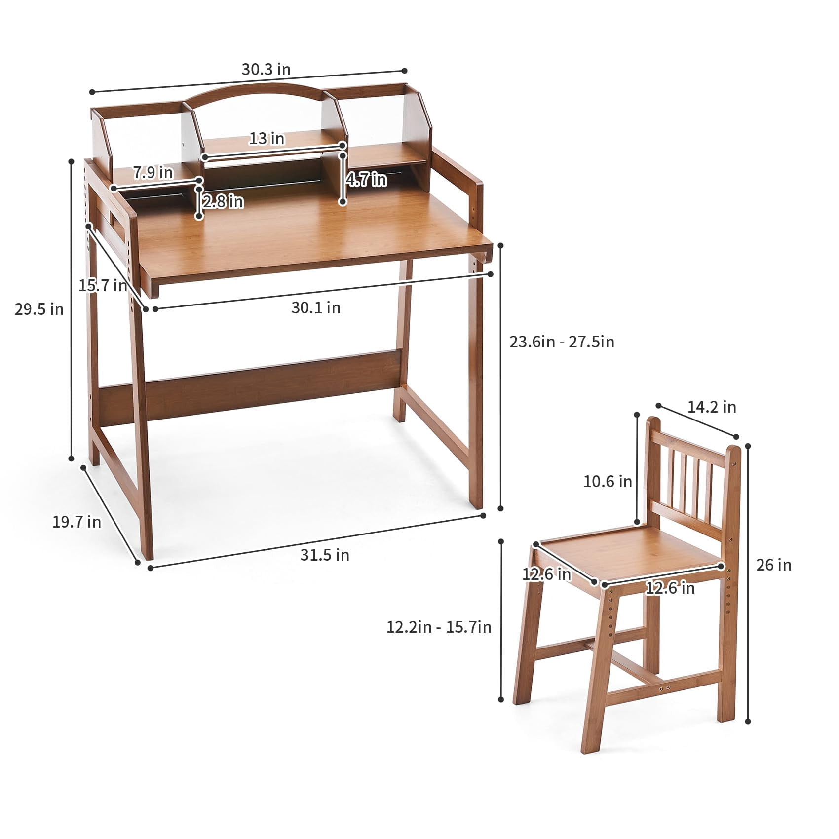 UNICOO® Height Adjustable Bamboo Kids Desk and Chair Set - Ergonomic Kid Desk and Chair Set for Study, Writing, and Homework - Durable and Eco-Friendly Kids' Desks (Antique Brown 01)